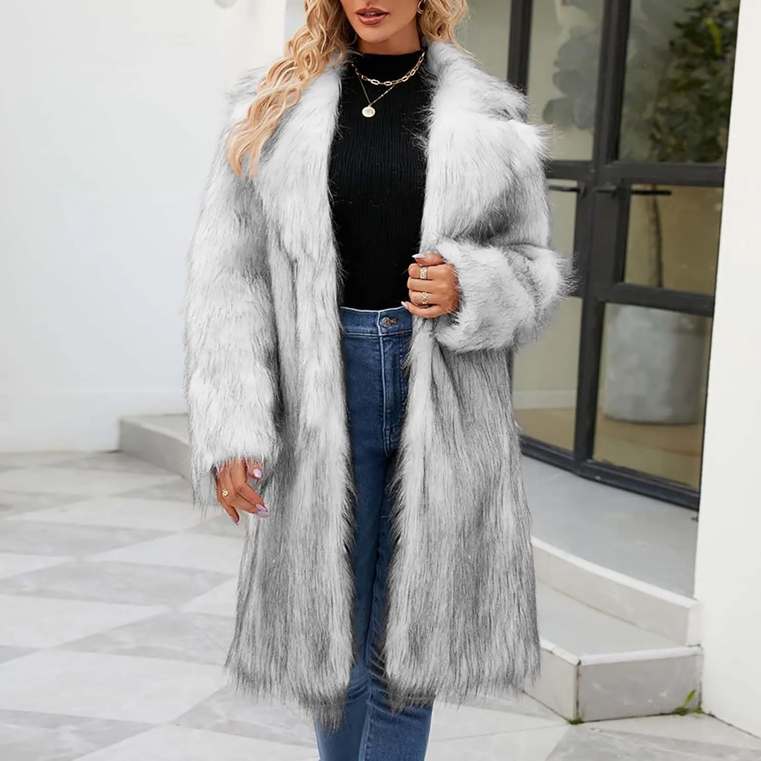 Women's Faux Fur Jackets Winter Fuzzy Cardigan Overcoat Fall Fashion Open Front Long Shaggy Coat Outerwear