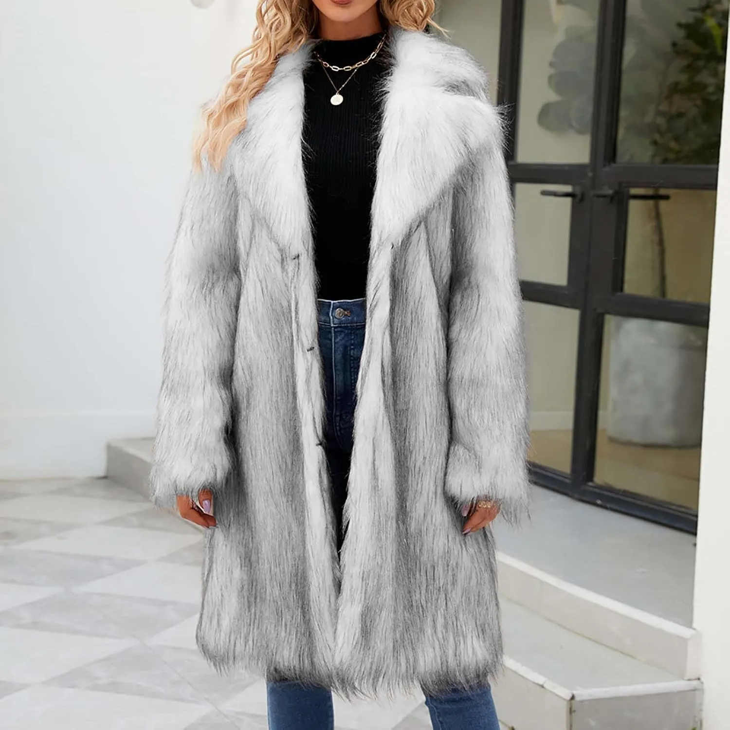 Women's Faux Fur Jackets Winter Fuzzy Cardigan Overcoat Fall Fashion Open Front Long Shaggy Coat Outerwear