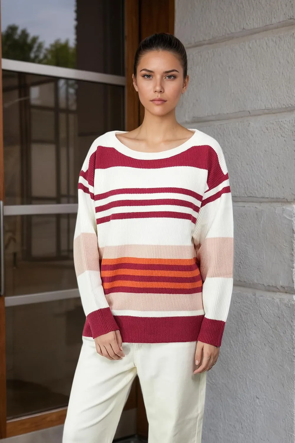 Women's Luxurious Striped Sweater Cozy-Chic Off Shoulder Pullover Buttery Soft Knitwear for Date Nights & Coffee Runs