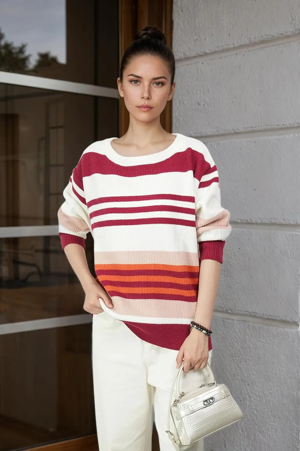 Women's Luxurious Striped Sweater Cozy-Chic Off Shoulder Pullover Buttery Soft Knitwear for Date Nights & Coffee Runs