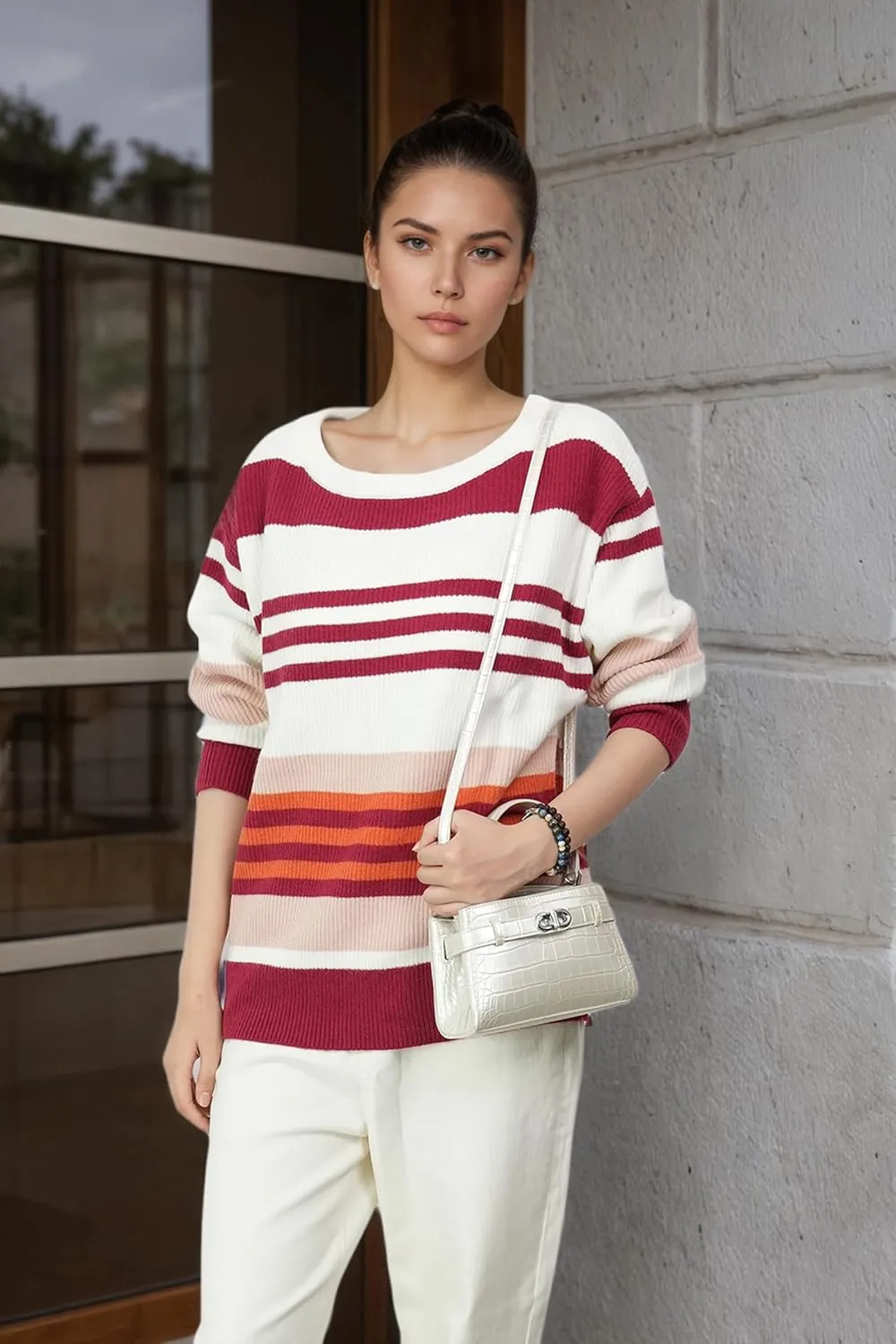 Women's Luxurious Striped Sweater Cozy-Chic Off Shoulder Pullover Buttery Soft Knitwear for Date Nights & Coffee Runs