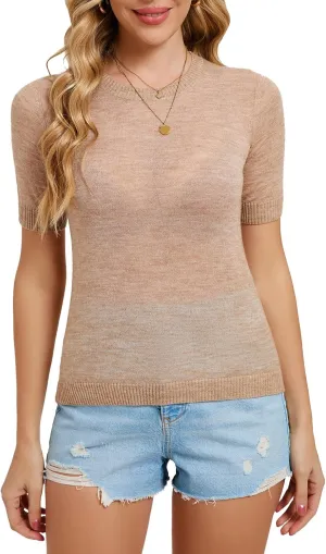 Womens Short Sleeve Knit Top  Alpaca Wool Blend Ribbed Crewneck Pullover, Slim Fit Casual Tee for Spring & Summer