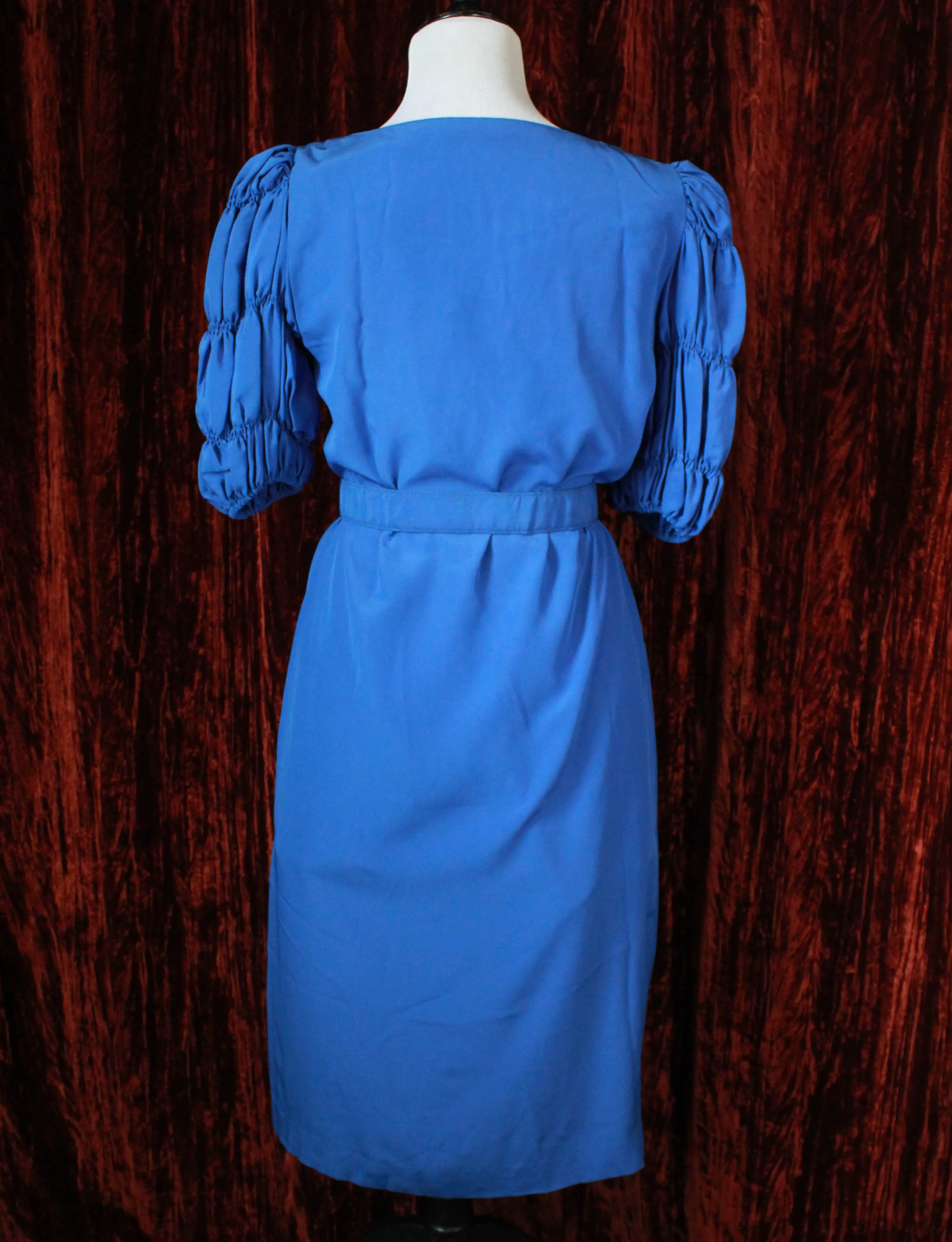 Women's Vintage Blue Belted Midi Dress With Smocked Sleeves - Small