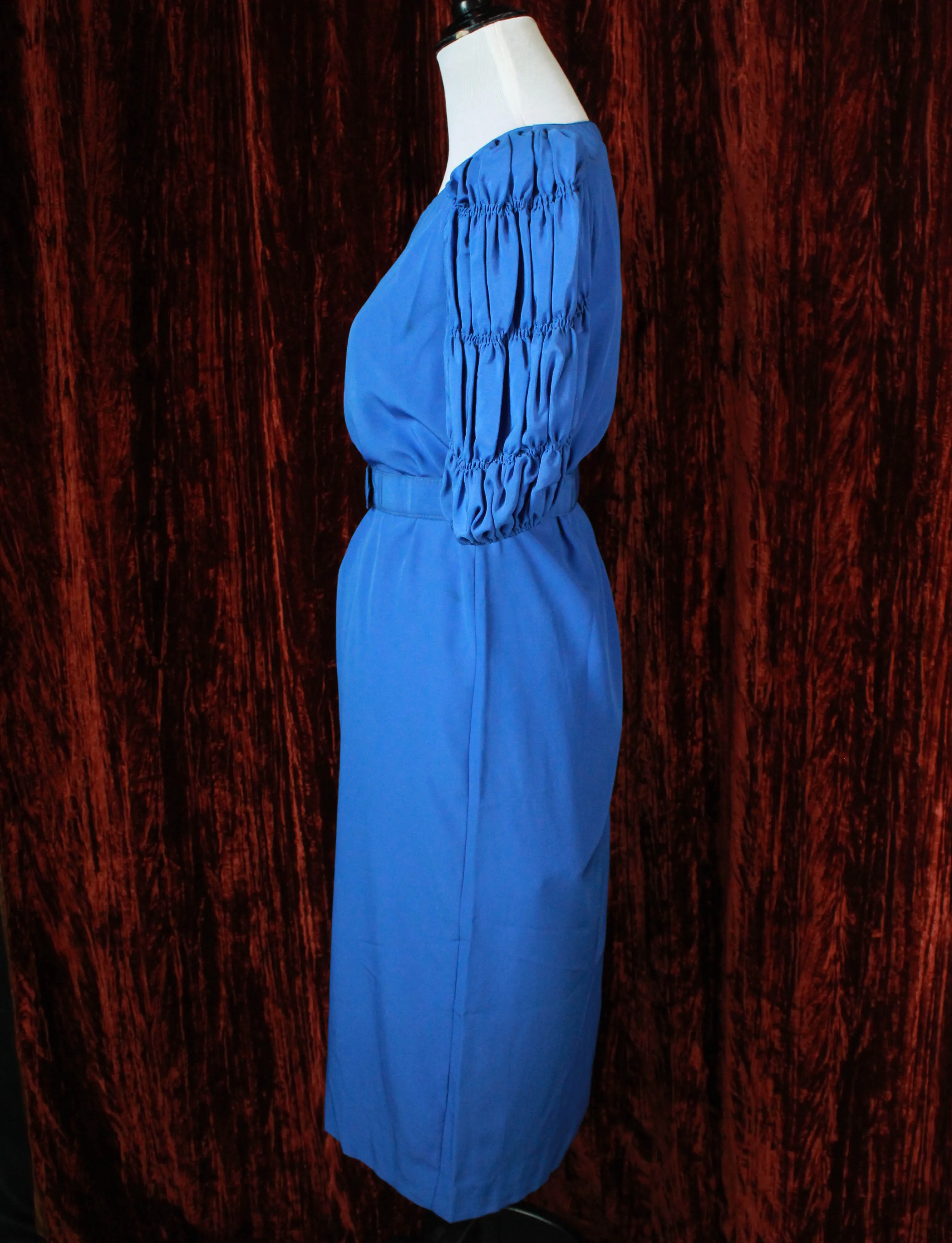 Women's Vintage Blue Belted Midi Dress With Smocked Sleeves - Small