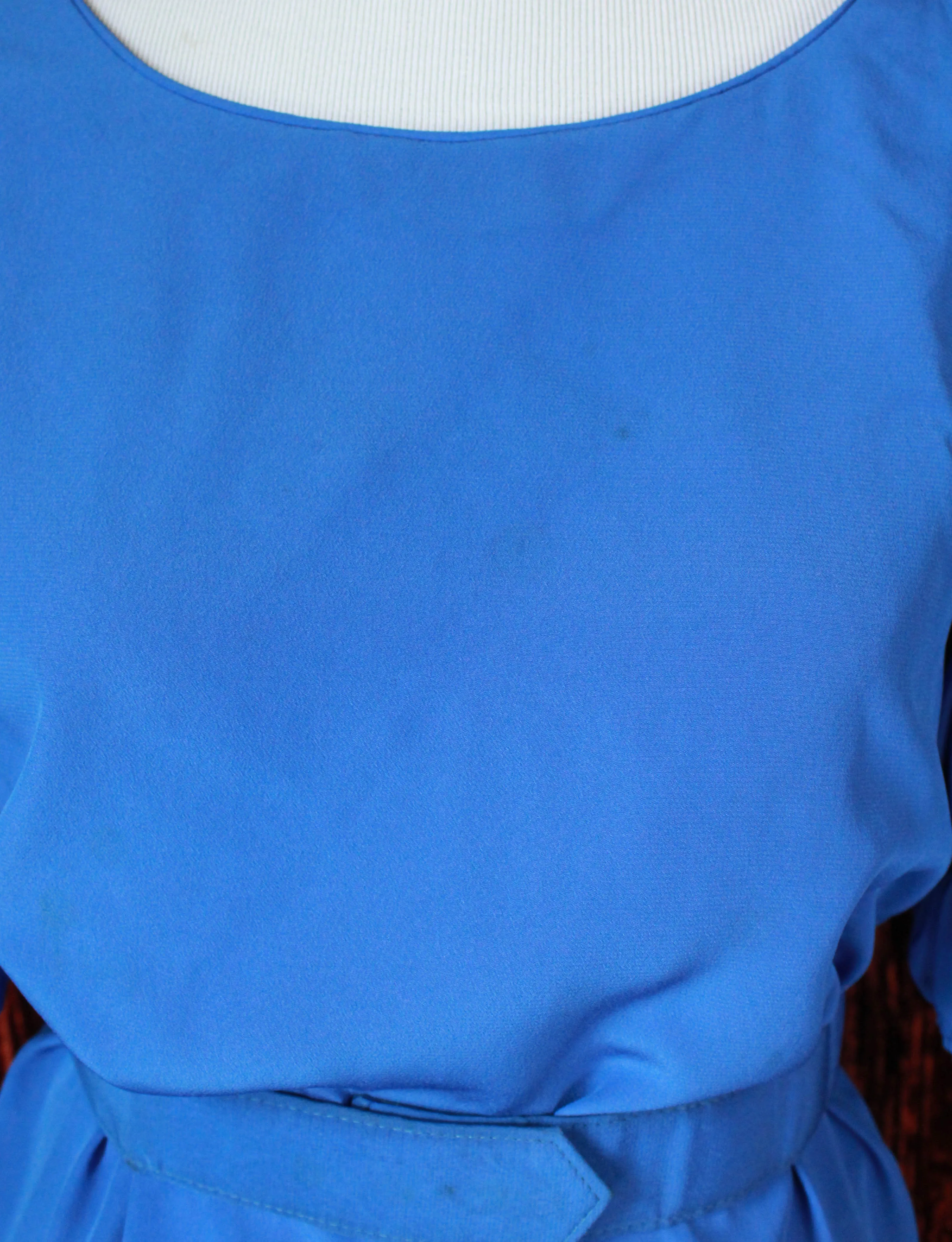 Women's Vintage Blue Belted Midi Dress With Smocked Sleeves - Small