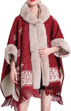 XUNRYAN Women's Winter Faux-Fur Cape Coat Christmas Cloak Shawl Wraps Wool-Blend Cardigan Poncho Warm Sherpa Fleece Jackets