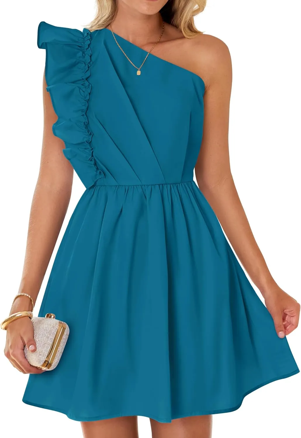 ZESICA Women's Summer One Shoulder Ruffle Dress Boho Sleeveless Elastic High Waist Swing Mini Dresses