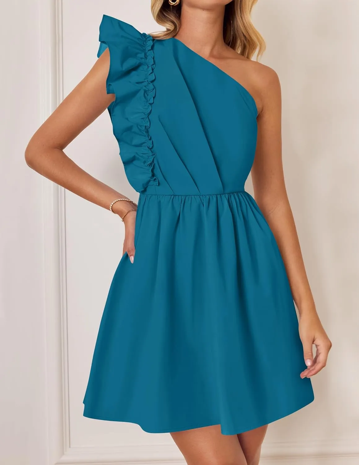 ZESICA Women's Summer One Shoulder Ruffle Dress Boho Sleeveless Elastic High Waist Swing Mini Dresses