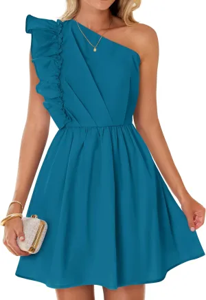 ZESICA Women's Summer One Shoulder Ruffle Dress Boho Sleeveless Elastic High Waist Swing Mini Dresses