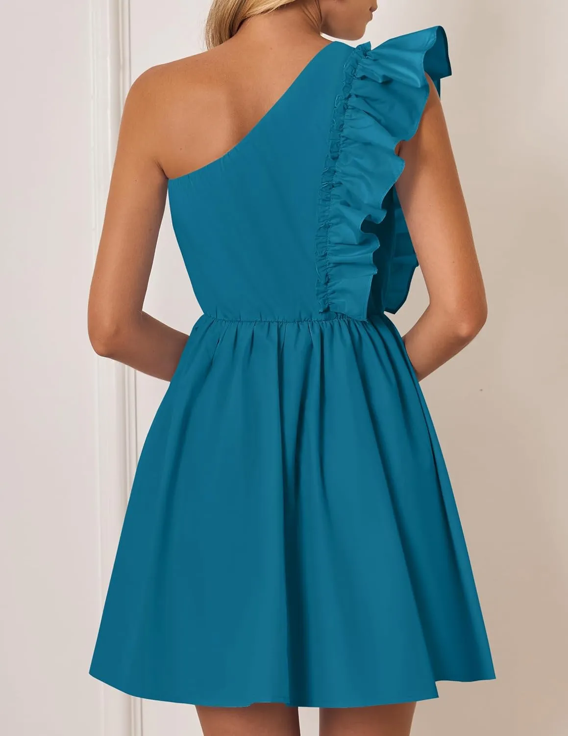 ZESICA Women's Summer One Shoulder Ruffle Dress Boho Sleeveless Elastic High Waist Swing Mini Dresses
